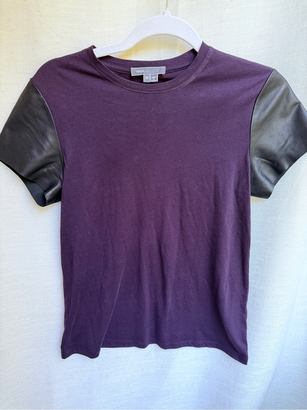 Vince Leather Sleeve Tee XS Blackberry Purple Black Lamb Leather